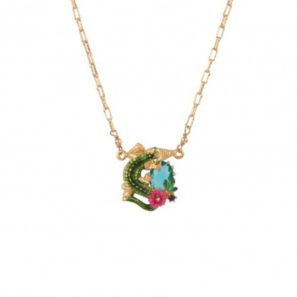 Les Nereides Crocodile, Pink Flower & Turquoise Stone Necklace